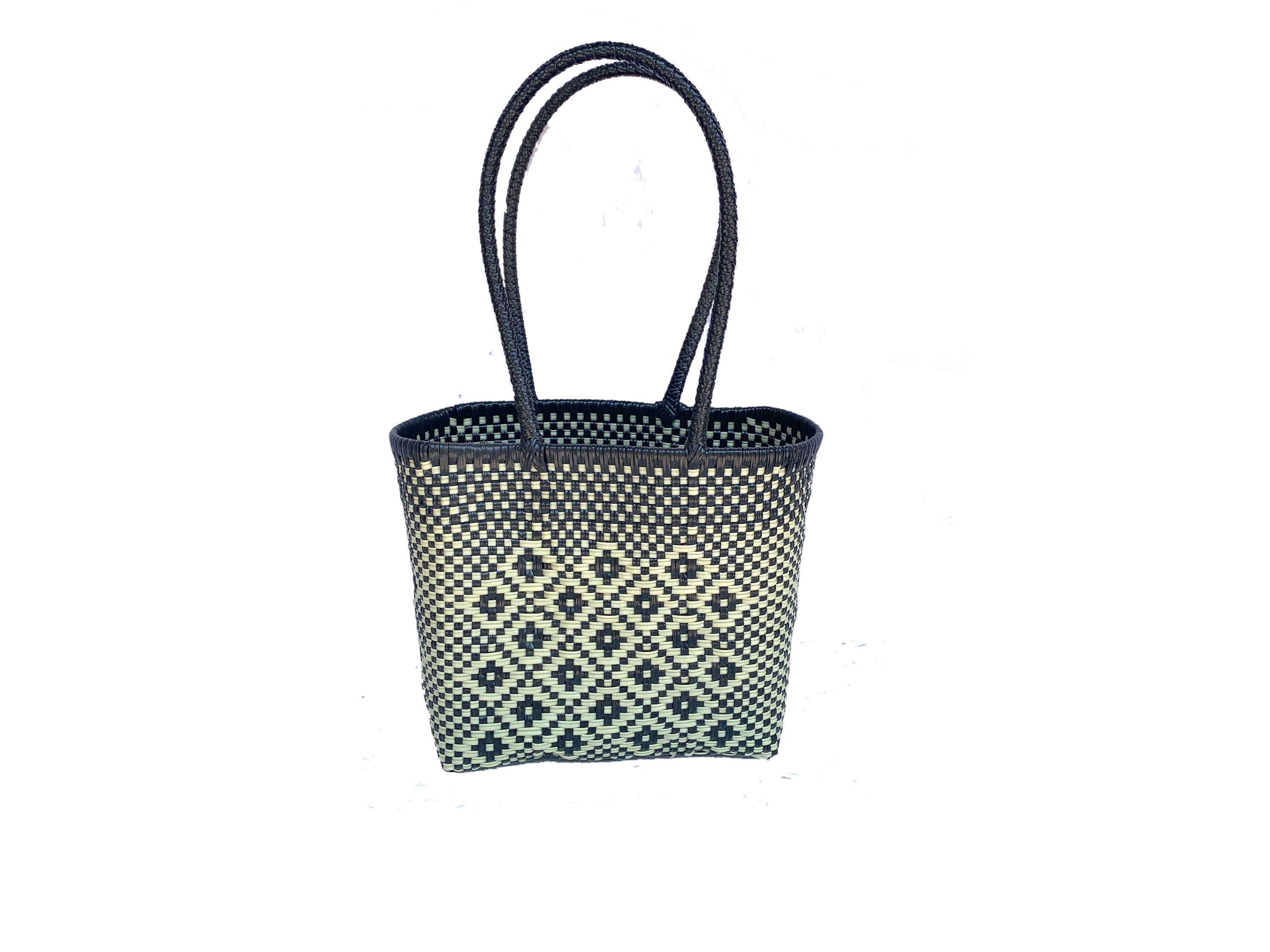 Beach Plastic Small Tote Bag, Multipurpose Sturdy Recycle Plastic Bag, Geometric and Double Handle for Grocery Bag  Mexican Shoulder Bag