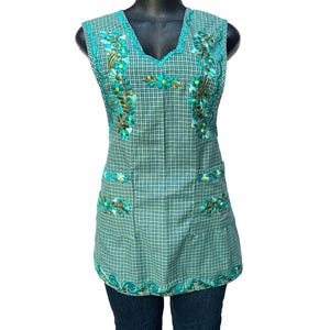 XS Woman Green Apron with Floral Embroidery Dressy Apron, Cooking Stain Free Protective Apron, Multi-use Mexican Delantal Mandil Apron