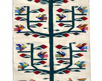 Wollteppich: Weiß mit Vogelmuster Handgewebter Zapotekischer Tapisserie 60x100cm