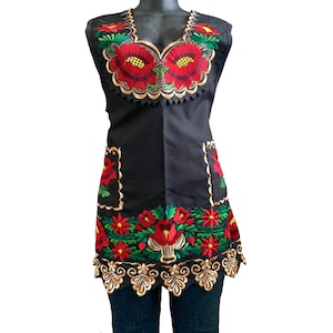 Embroidered Floral Apron: Large Black Mexican Cooking Mandil