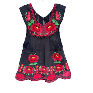 花柄刺繍のメキシカンウーマンエプロン：XS ブルー キッチンデランタル