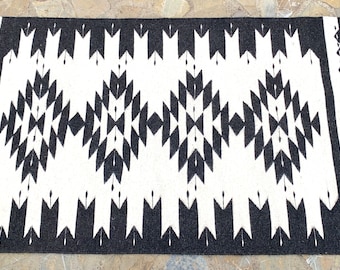 Zapotec Black/White Rug, 31"x61" Hand Woven Accent Geometric Tapestry, Sheep wool traditional Oaxaca Textile, Floor/wall hanging flat weave