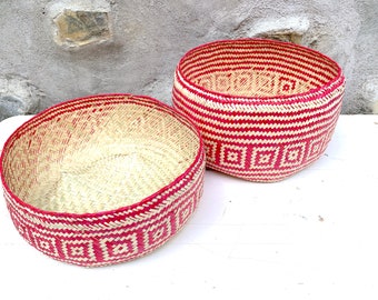 Hand Woven Palm Leaf Baskets: Mexican Geometric Storage, Set of 2
