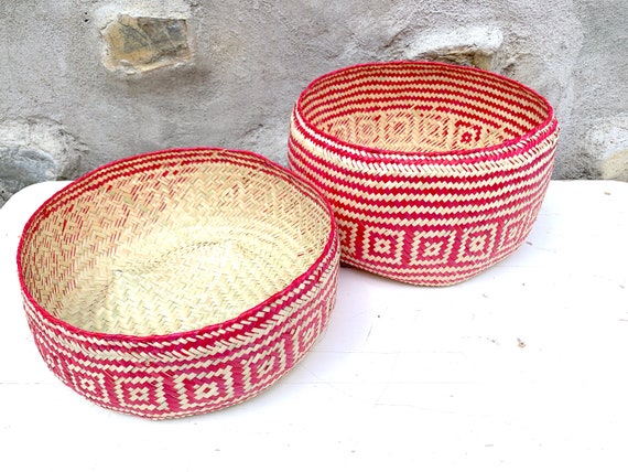 Hand Woven Palm Leaf Baskets: Mexican Geometric Storage, Set of 2