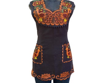 Embroidered Blue Bird Apron: Mexican Floral Cooking Apron, Medium