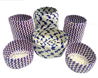 Handmade Palm Leaf Basket Set: Lidded Purple Woven Bins