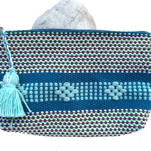 Bolsa de maquillaje de algodón mexicano, bolsa cosmética de algodón telar a mano, bolsillo práctico de cambio de repuesto geométrico unisex