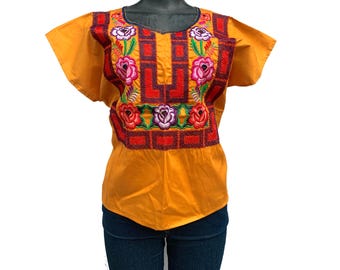 Blusa tipo túnica mexicana bordada: Blusa campesina floral amarillo oscuro