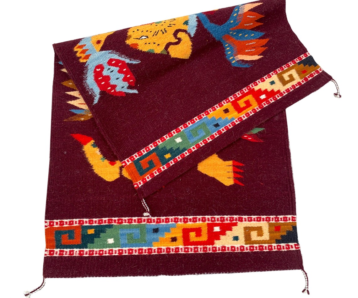 Hand Woven Mayan Jaguar Rug, Burgundy Zapotec Wool Tapestry (24x41 In ...