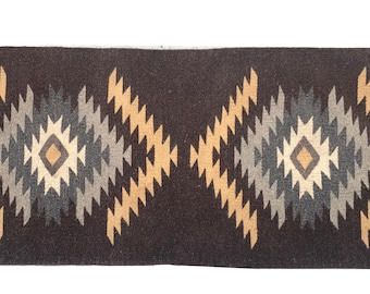 Wool Runner Rug: Black Gray Tan Brown Geometric Tapestry (16"Wx40"L)