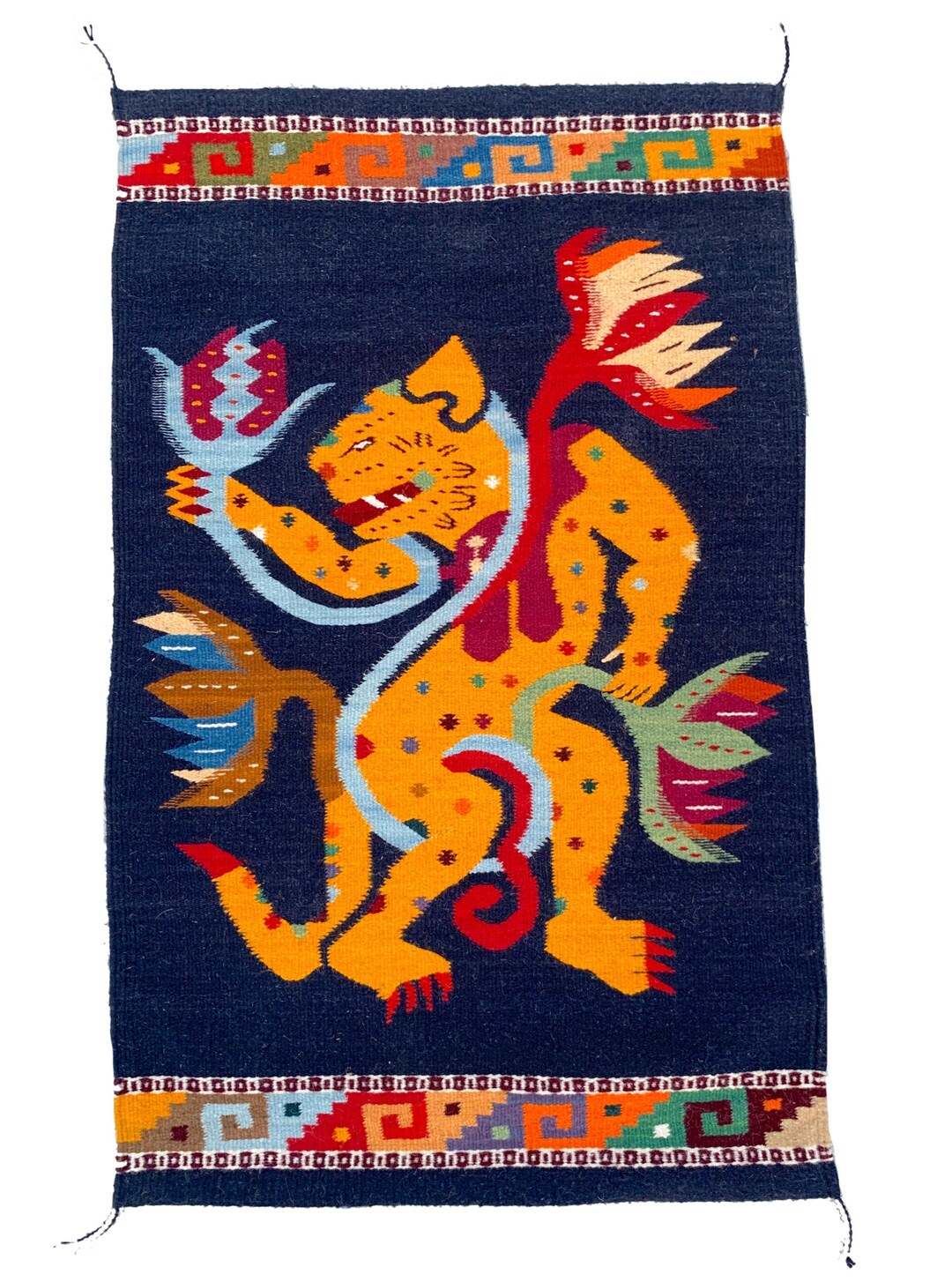 Mayan Rug Patterns Mayan Healing Jaguar Blue Rug, Hand Woven Zapotec Tapestry, 24