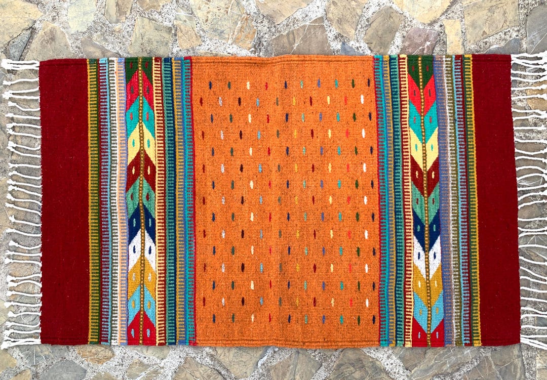 Hand Woven Zapotec Wool Rug: Orange Red Geometric Tapestry (23x39 In ...