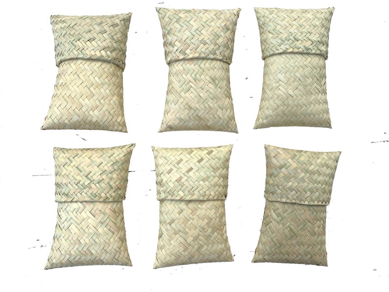 May include: Six woven rectangular pillows with a light brown color. The pillows are made of a natural material and have a woven pattern.