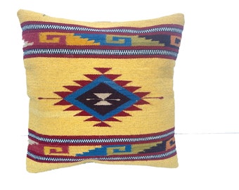Square Wool Pillow Cover Hand Woven 15"x17" Zapotec Oaxaca Light Yellow Organic Dyed Geometric Southwestern Tapestry Wool Weaving Cojin