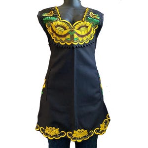 Woman XL Black Apron with Yellow Floral  Embroidery, Kitchen Cooking Protective Dressy Apron, Mexican Mandil Delantal, Handy Pockets Apron