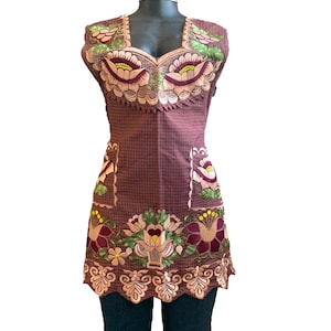 Woman Large Mexican Brown Apron and Gold Floral Embroidery Apron, Kitchen cooking Dressy protective Handy Pocket Mexican Mandil Delantal