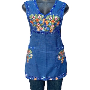 XSmall Blue Mexican Apron: Floral Embroidered Cooking Delantal
