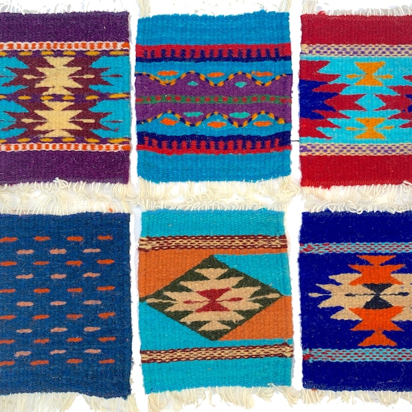 Zapotec Rug Mug Coaster,  5"x6" Hand Woven Colorful Southwestern Style Mini Mats, Natural Wool Tapestry Set of 6 Coaster for hot or cold cup