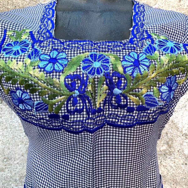 Mexican Apron, Blue Floral Embroidered Pinafore, Woman Overall Cooking Smock, Oaxaca Peasant Delantal, Handy Pocket, Waist Adjustment Mandil