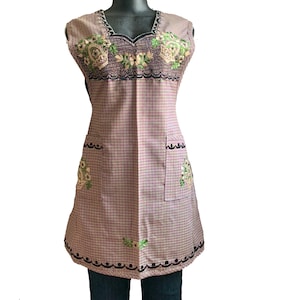 XLarge Mexican Embroidered Apron: Floral Brown Smock with Pockets