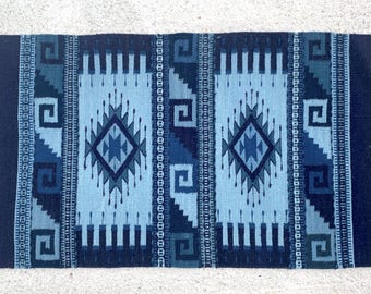 Blue Geometric Accent Rug, 60x100cm Hand Woven Zapotec Natural Indigo Dyed Tapestry, Natural Wool  Rug, Rustic Floor Wall Hanging Tapestry,