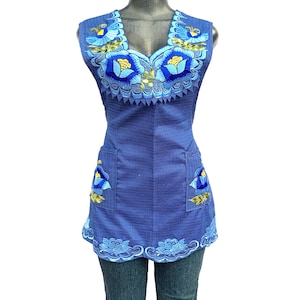 Embroidered Mexican Apron: Blue Floral Kitchen Apron with Pockets