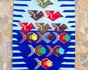 Authentic Zapotec Oaxacan Bird and Fish Rug, 23"x40" Hand Woven Blue Sky and Ocean Pattern Rug,  Home Interior Floor or Wall Tapestry Rug