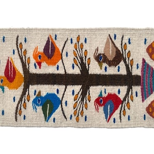 Tapis de passage zapotèque tissé à la main : arbre de vie, tapisserie de laine rouge (10 x 20 po.)