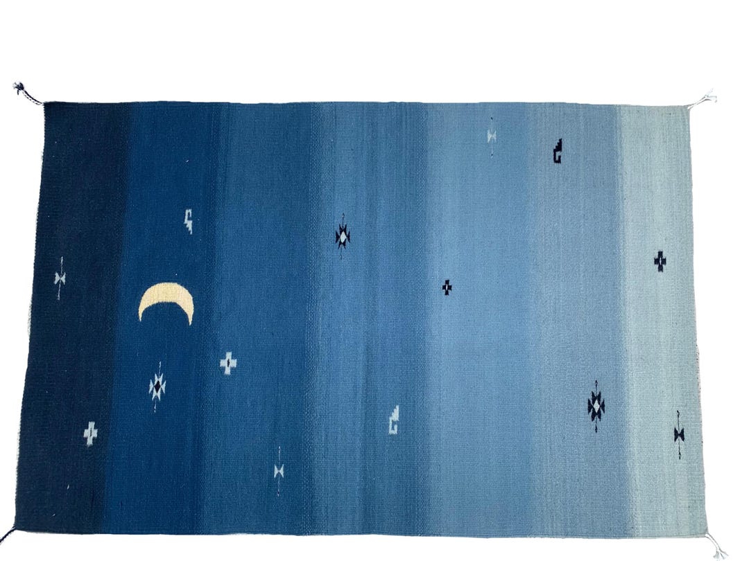 手織りサポテク藍ラグ：オアハカウールタペストリー、メキシコの織物