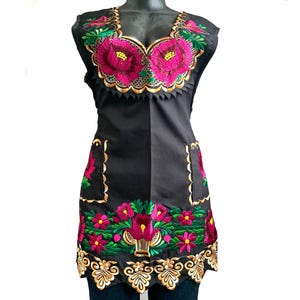Embroidered Floral Apron: Large Black Mexican Cooking Mandil