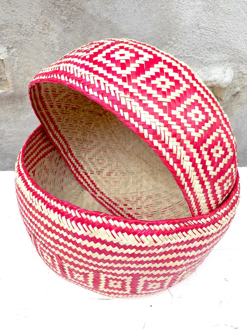 Hand Woven Palm Leaf Baskets: Mexican Geometric Storage, Set of 2 image 9