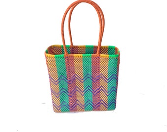 Mexican Hand Made Sturdy Heavy Duty Grocery Carry Reusable Multiuse Colorful Geometric Pattern Unisex Morral Double Handles Tote Plastic Bag