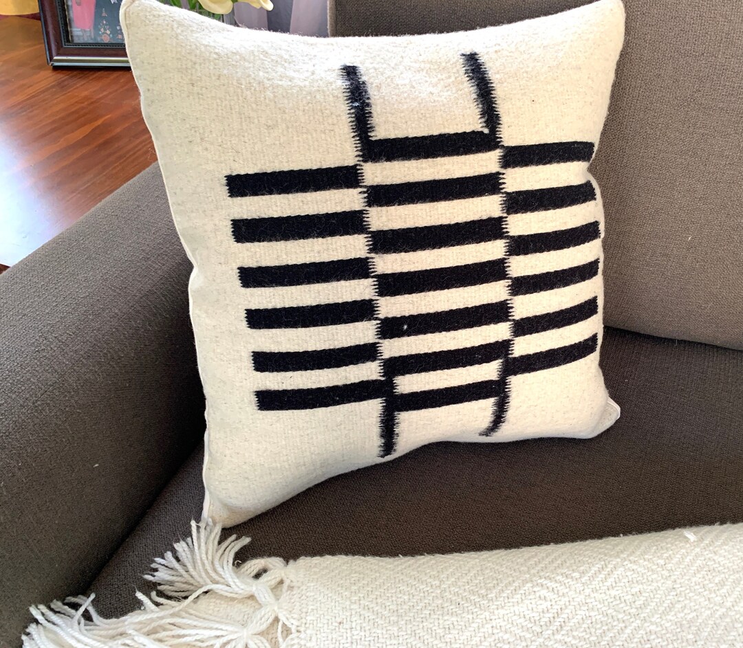 Black/white Wool Pillow Case, 19x19 Natural Wool Hand Woven Rug Pillow