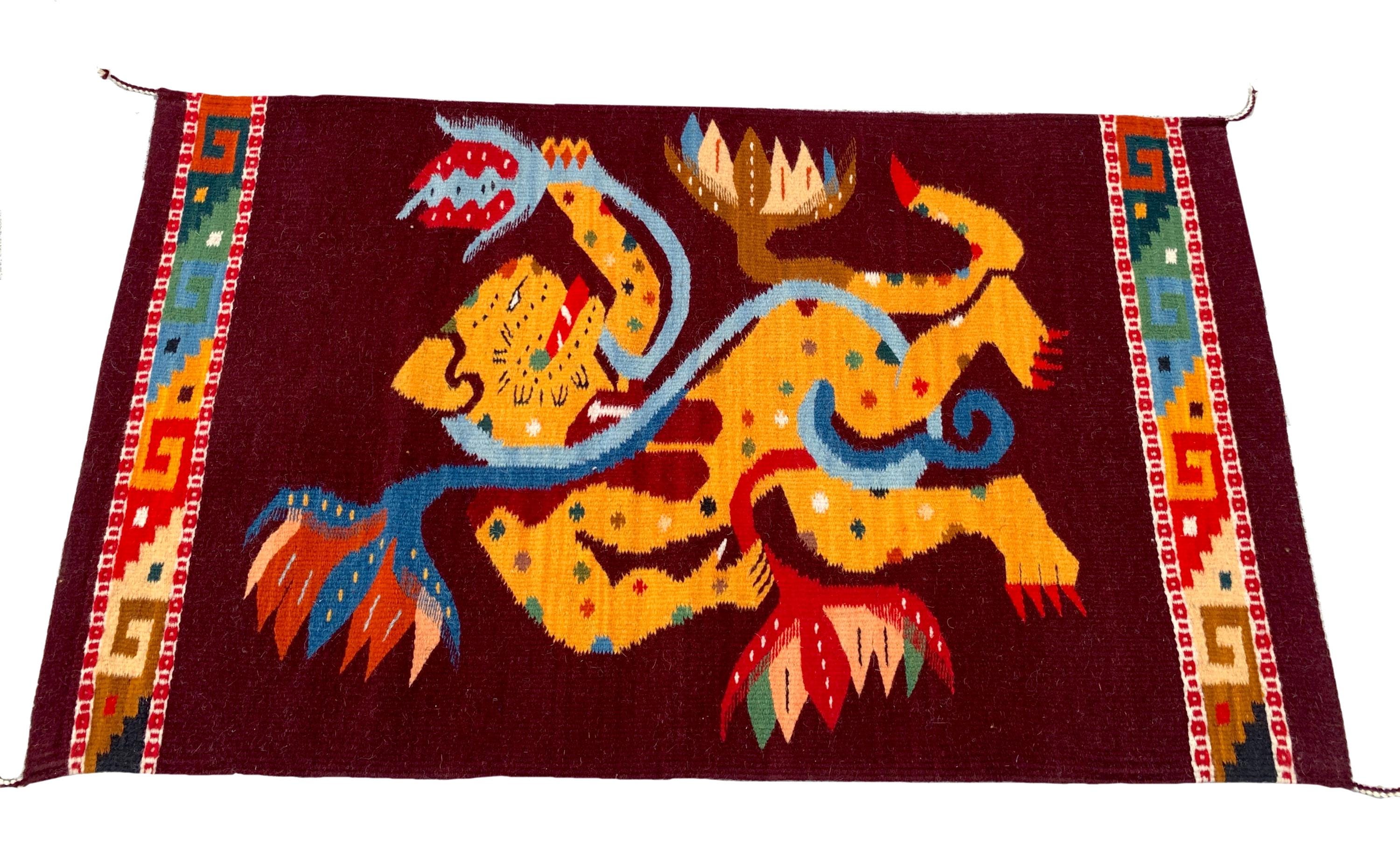 Hand Woven Mayan Jaguar Rug, Burgundy Zapotec Wool Tapestry (24x41 In ...