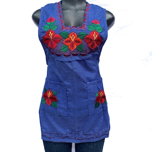 XSmall Embroidered Mexican Apron: Blue Floral Kitchen Apron