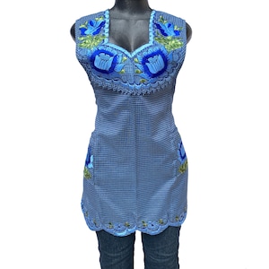 Large Mexican Blue Apron: Floral Embroidered Polyester Cooking Apron