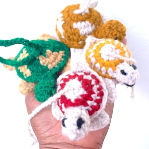 Hand Crafted Set of 4 Wool Turtles and Tortoises for interior decor or hanging ornaments, Well Made Fun Cute Knitted Color Turtles
