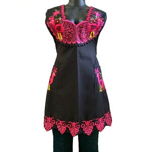Woman XL Black Apron Fuchsia Peacock Floral Embroidery, Kitchen Cooking Protective Dressy Apron, Mexican Mandil Delantal, Handy Pocket Apron