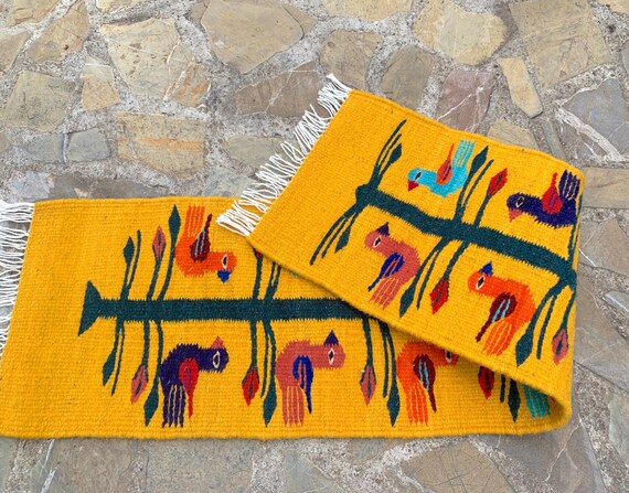 Tree of Life Wool Rug Runner: Hand Woven Zapotec Bird Yellow Tapestry (10x39 Inches)