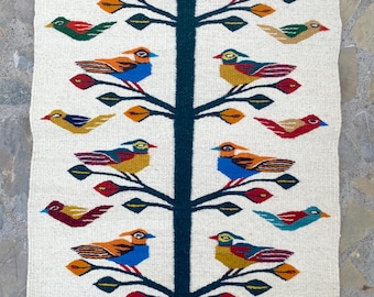 Baum des Lebens Zapotekischer Teppich 23 "x 39" Weißer Natürlicher Schafwolle Teppich, Innenteppich, Boden-Wandbehang Dekor Tapisserie, Handgewebter Oaxaca-Teppich