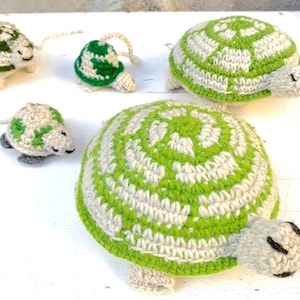 Hand Knitted Wool Green set of 5 Tortoise, Home Interior Soft Family of Tortoises for beach or Mountain Home. Safe ToddlerStuffy Toy Turtle