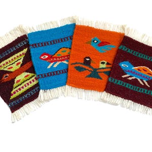 Hand Loomed Wool Coasters - Turtle & Bird Zapotec Tapestry - Set of 4