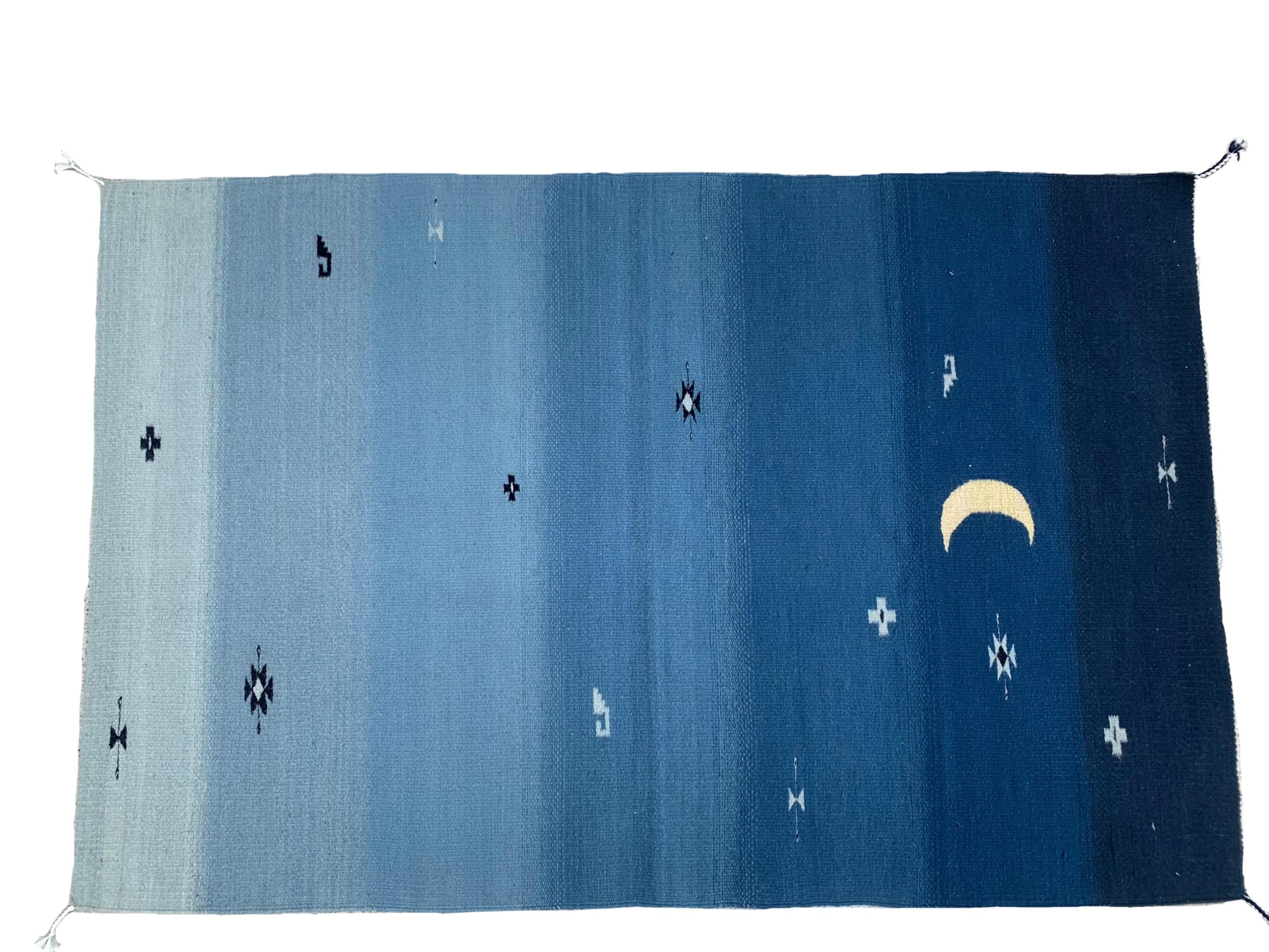 手織りサポテク藍ラグ：オアハカウールタペストリー、メキシコの織物