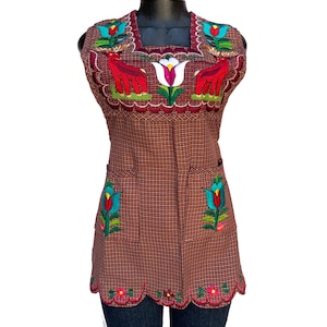 XSmall Woman Brown Apron and Floral Embroidery Dressy Apron, Handy Pocket Kitchen Cooking Gardening Protective Apron Mexican Delantal Mandil