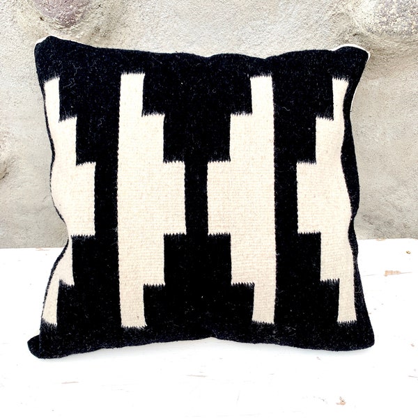 Black & White Tapestry Pillow Case, 19x19 Inches Hand Woven Geometric Zapotec Cushion Cover, Interior  Zippered Mexican Rug Pillow Case