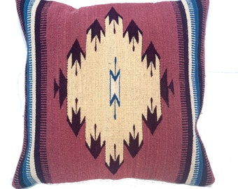 Square Wool Pillow Cover Hand Woven 16"x17" Zapotec Oaxaca Red Chochineal Organic Dyed Geometric Southwestern Tapestry Wool Weaving Cojin