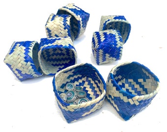 Handmade Blue Palm Leaf Basket Set: Mexican Woven Mini Boxes