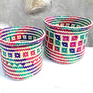 Palm Color Leaf Baskets, 2 Hand made Environmentally Friendly Basket,  Home Kitchen storage basket, Mexican colorful round cylinder basket