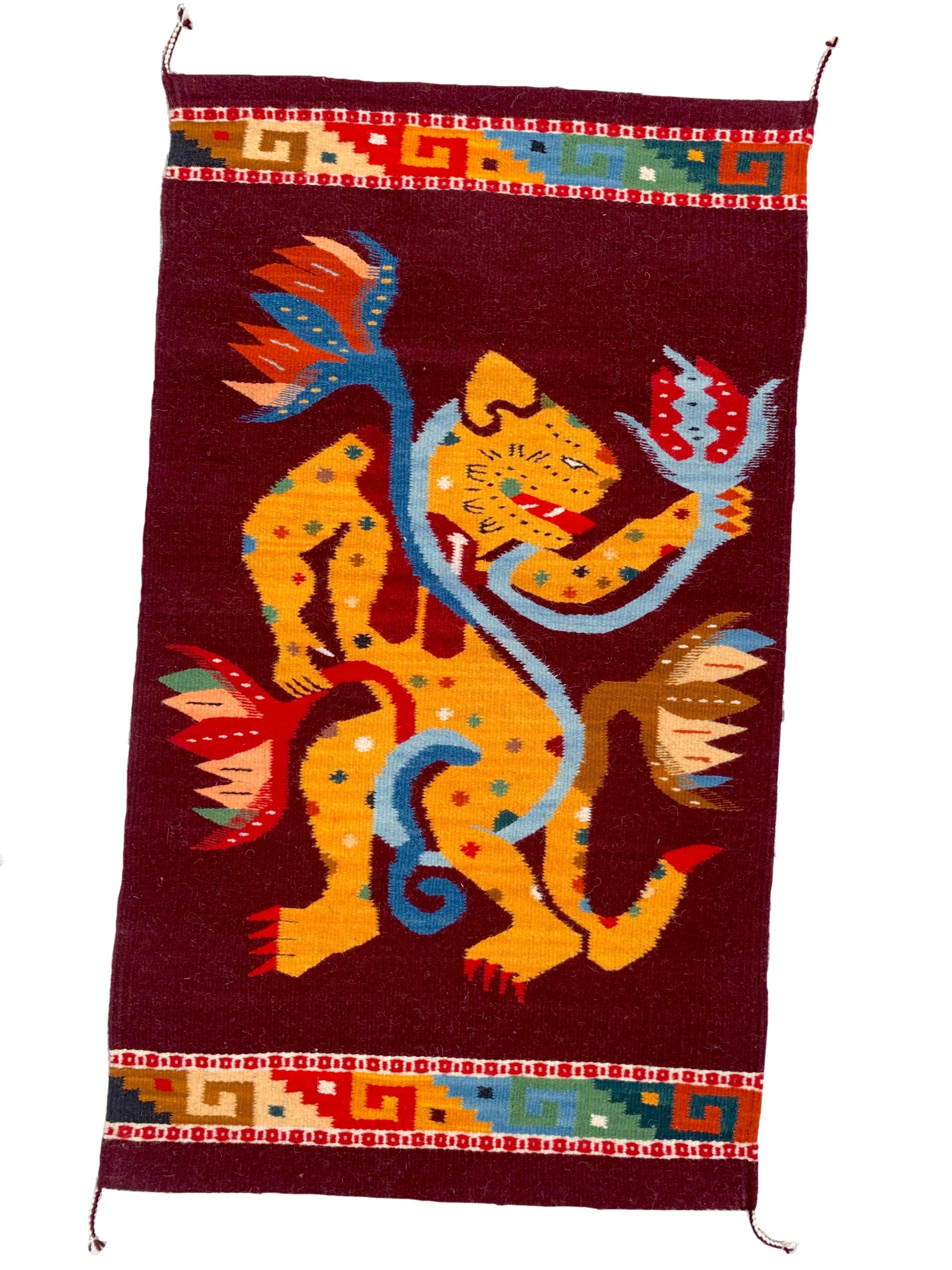Hand Woven Mayan Jaguar Rug, Burgundy Zapotec Wool Tapestry (24x41 In ...