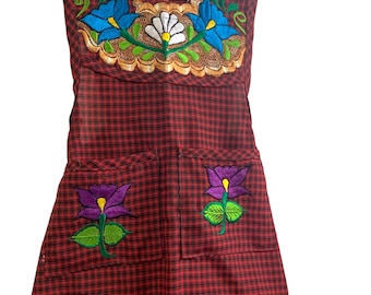 Grembiule marrone per bambine dai 4 ai 6 anni con tasche, con ricamo floreale colorato, elegante per la casa, copriabito, antimacchia, vernice, grembiule messicano Delantal Mandil
